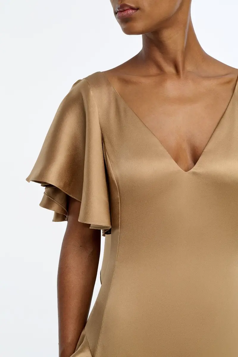 Gabriela Hearst Spiral Ruffles Dress in Camel Silk Satin | Thumbnail 5 Gabriela Hearst Spiral Ruffles Dress in Camel Silk Satin | Thumbnail 5