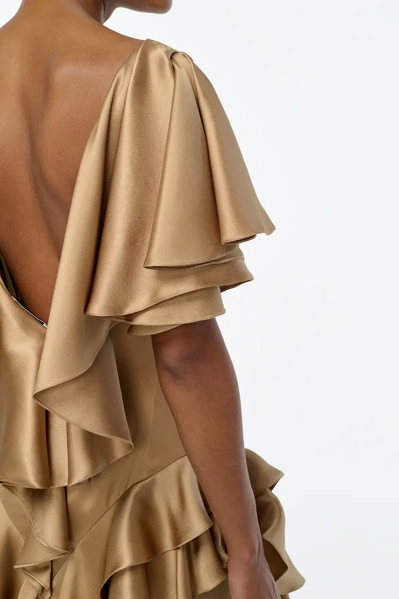 Gabriela Hearst Spiral Ruffles Dress in Camel Silk Satin | Thumbnail 6 Gabriela Hearst Spiral Ruffles Dress in Camel Silk Satin | Thumbnail 6