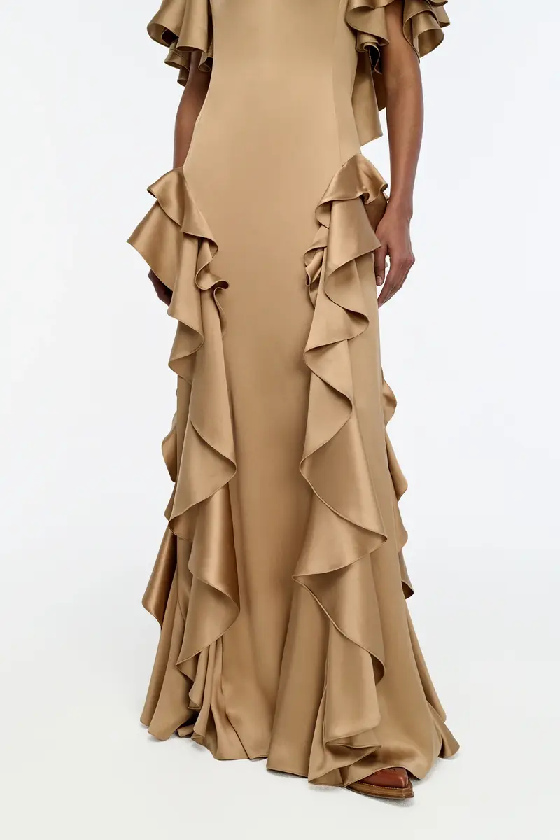 Gabriela Hearst Spiral Ruffles Dress in Camel Silk Satin | Thumbnail 7 Gabriela Hearst Spiral Ruffles Dress in Camel Silk Satin | Thumbnail 7