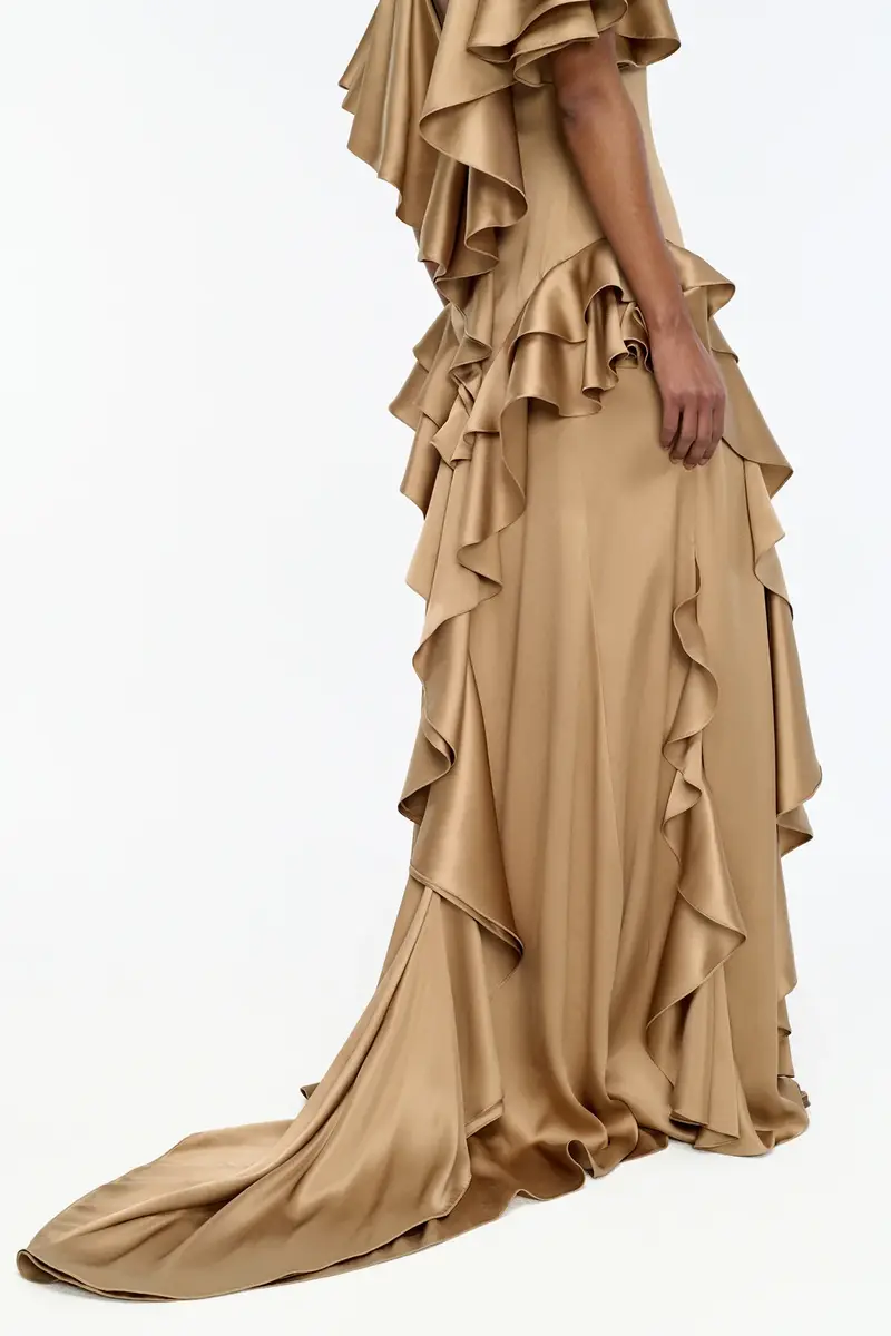 Gabriela Hearst Spiral Ruffles Dress in Camel Silk Satin | Thumbnail 8 Gabriela Hearst Spiral Ruffles Dress in Camel Silk Satin | Thumbnail 8