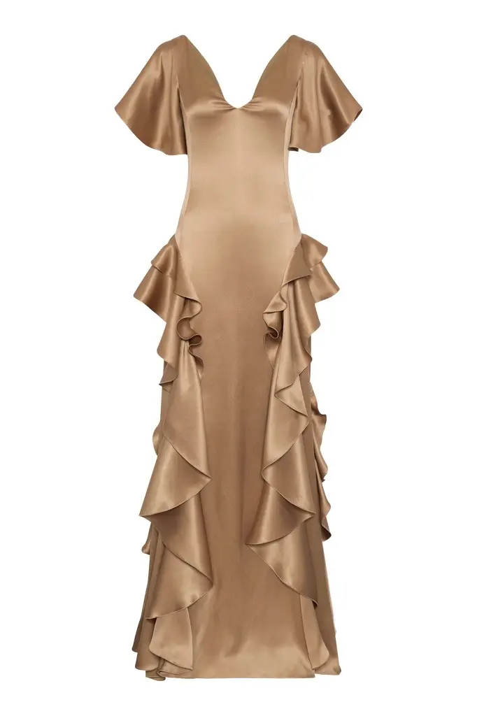 Gabriela Hearst Spiral Ruffles Dress in Camel Silk Satin
