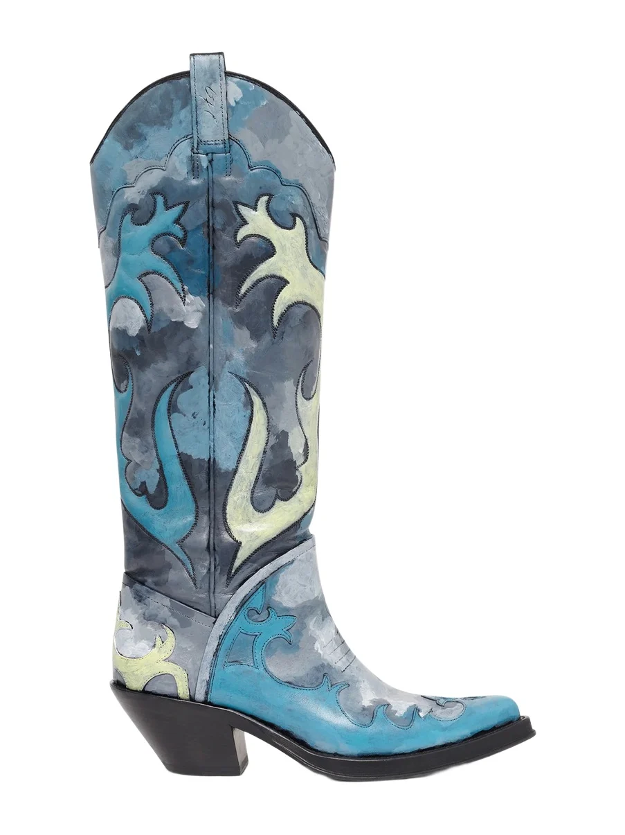 Gabriela Hearst Hand Painted Capitana Cowboy Boot in Blue Grey Multi Leather