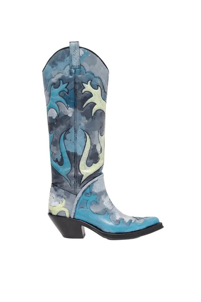 Hand Painted Capitana Cowboy Boot in Blue Grey Multi Leather Hand Painted Capitana Cowboy Boot in Blue Grey Multi Leather