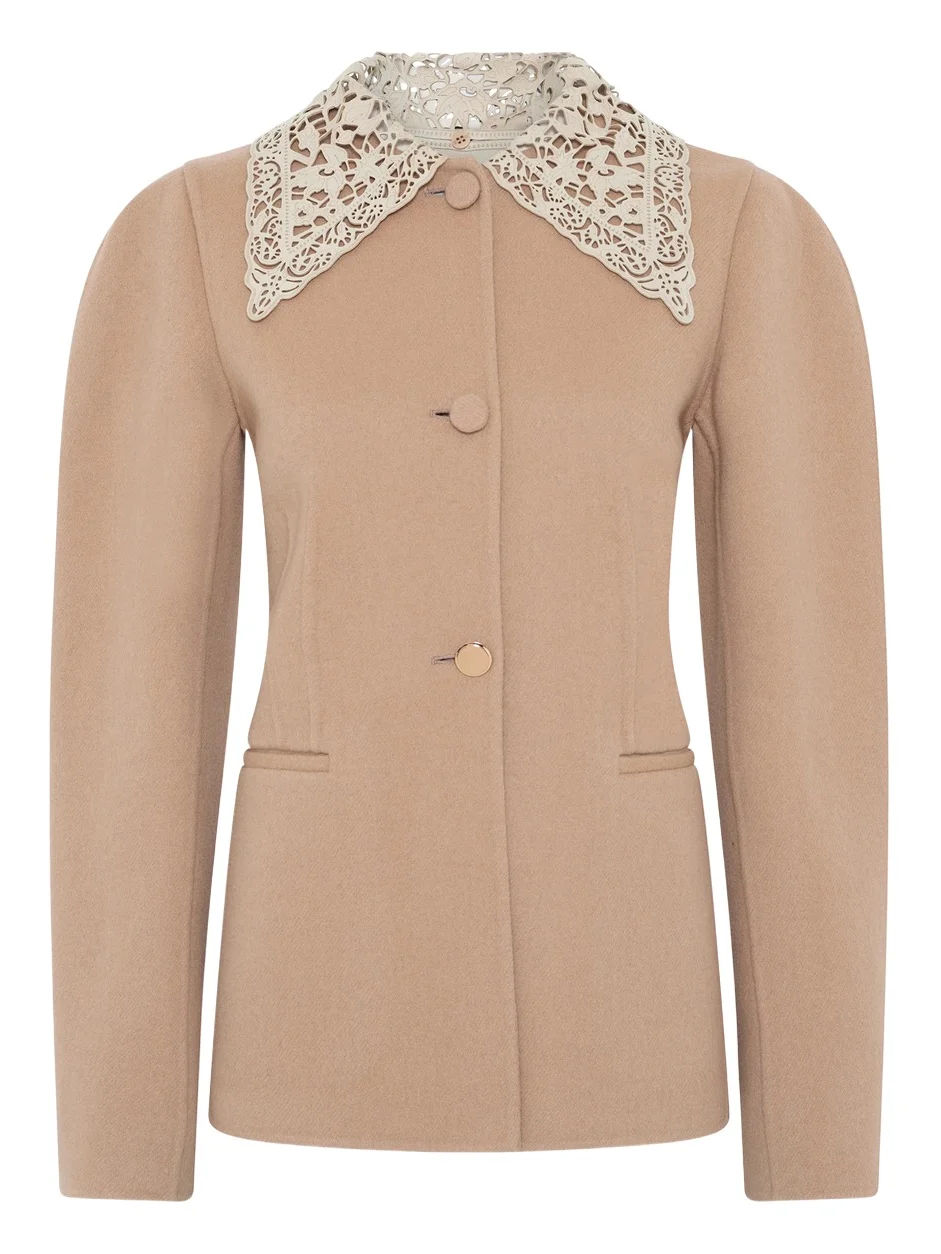 Gabriela Hearst Daelan Jacket in Camel Double-face Recycled Cashmere with Suede Lace Collar