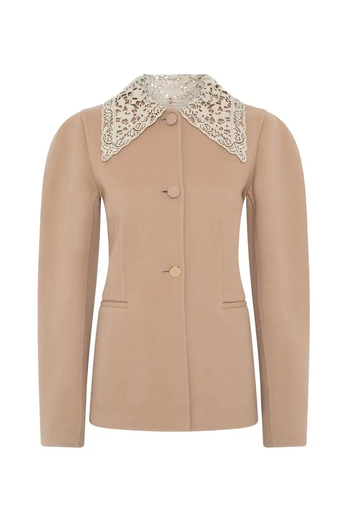 Daelan Jacket in Camel Double-face Recycled Cashmere with Suede Lace Collar Daelan Jacket in Camel Double-face Recycled Cashmere with Suede Lace Collar