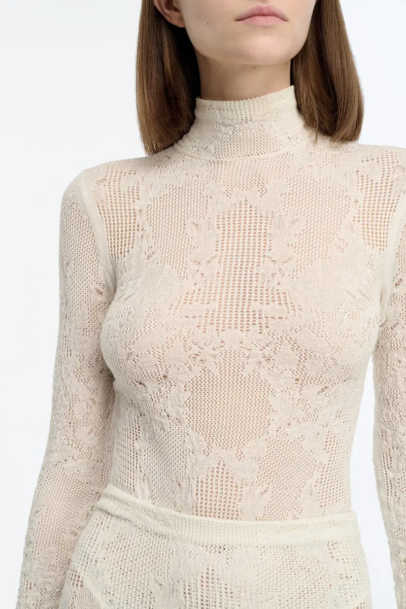 Gabriela Hearst Feal Pointelle Knit Lace Bodysuit in Ivory Silk Merino Wool | Thumbnail 6