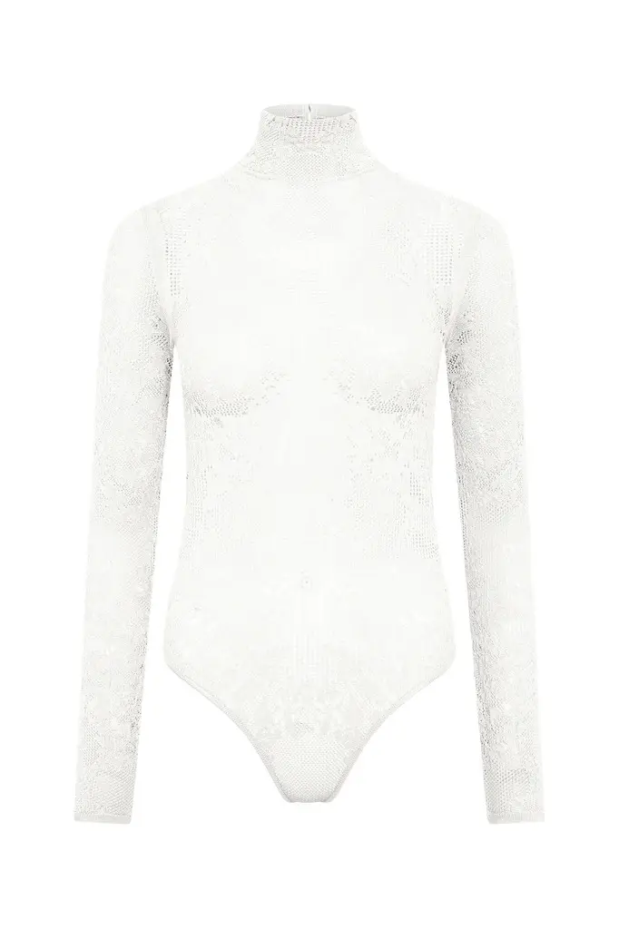 Gabriela Hearst Feal Pointelle Knit Lace Bodysuit in Ivory Silk Merino Wool