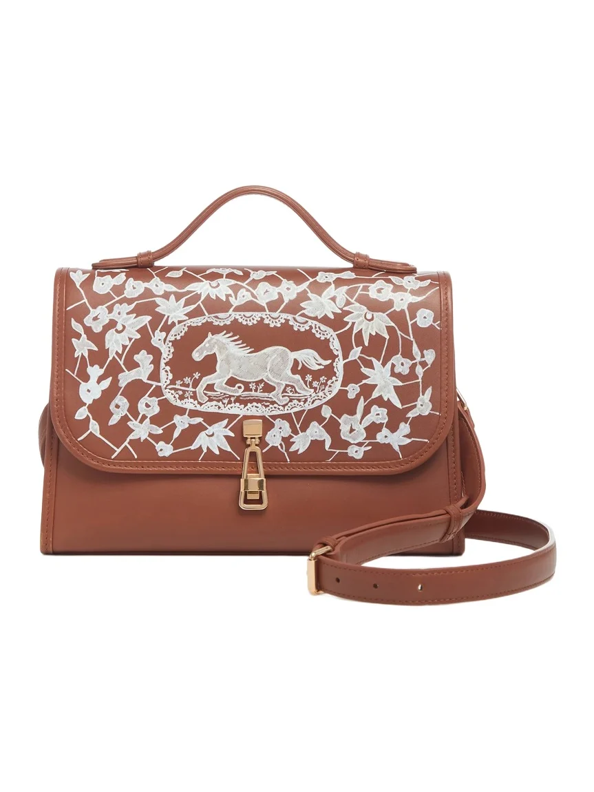Gabriela Hearst Hand Painted Medium Leonora Flap Bag in Cognac & White Leather