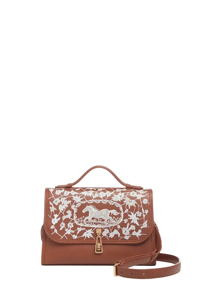 Gabriela Hearst Hand Painted Medium Leonora Flap Bag in Cognac & White Leather