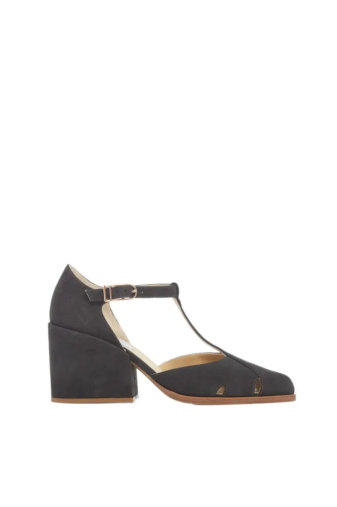 Hawes T-Strap Heel in Charcoal Suede Hawes T-Strap Heel in Charcoal Suede