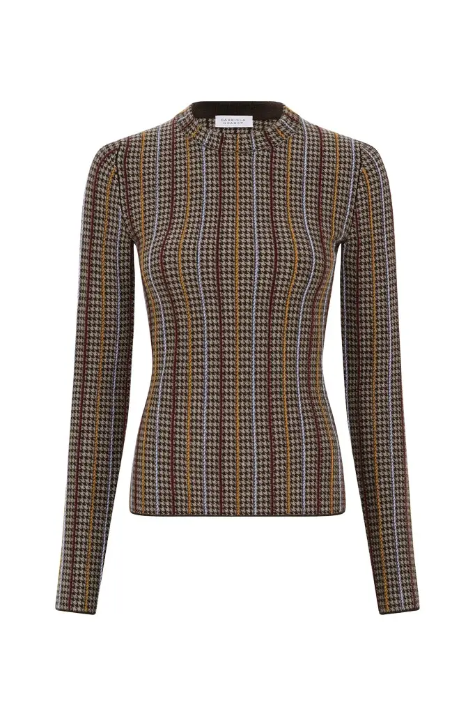 Gabriela Hearst Pons Knit Sweater in Camel Multi Cashmere Silk Houndstooth
