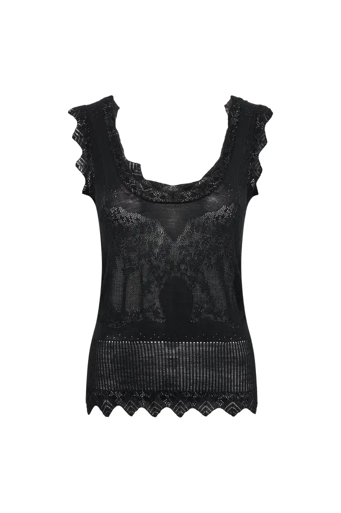 Gabriela Hearst Scripta Pointelle Knit Lace Tank Top in Black Merino Wool