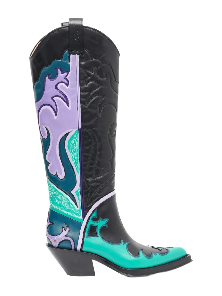 Gabriela Hearst Hand Painted Capitana Cowboy Boot in Purple Multi Leather