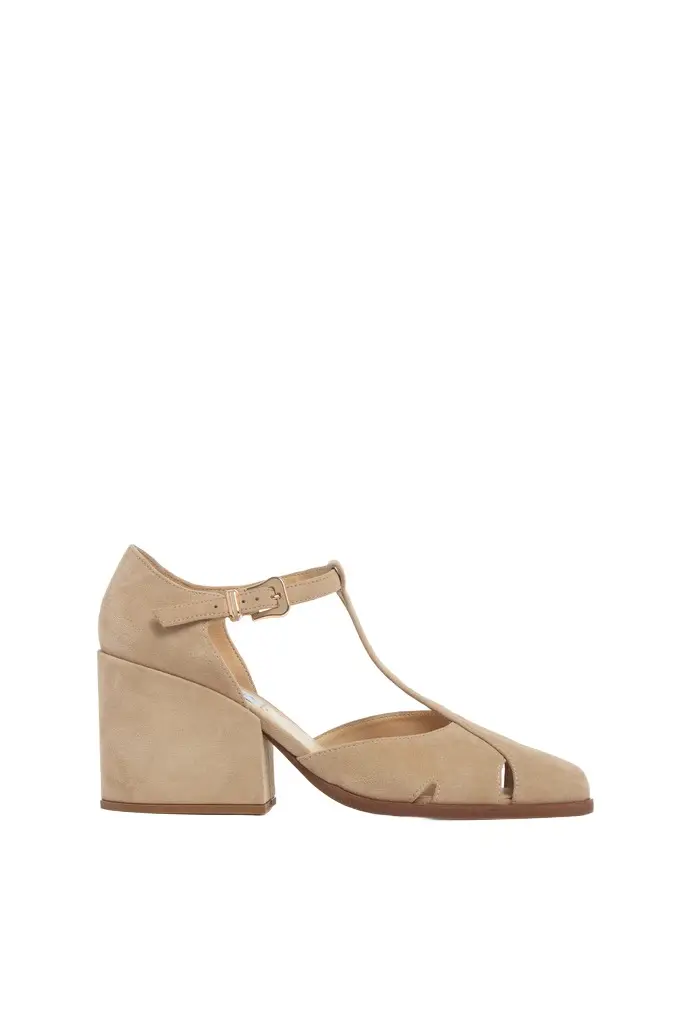 Hawes T-Strap Heel in Camel Suede Hawes T-Strap Heel in Camel Suede