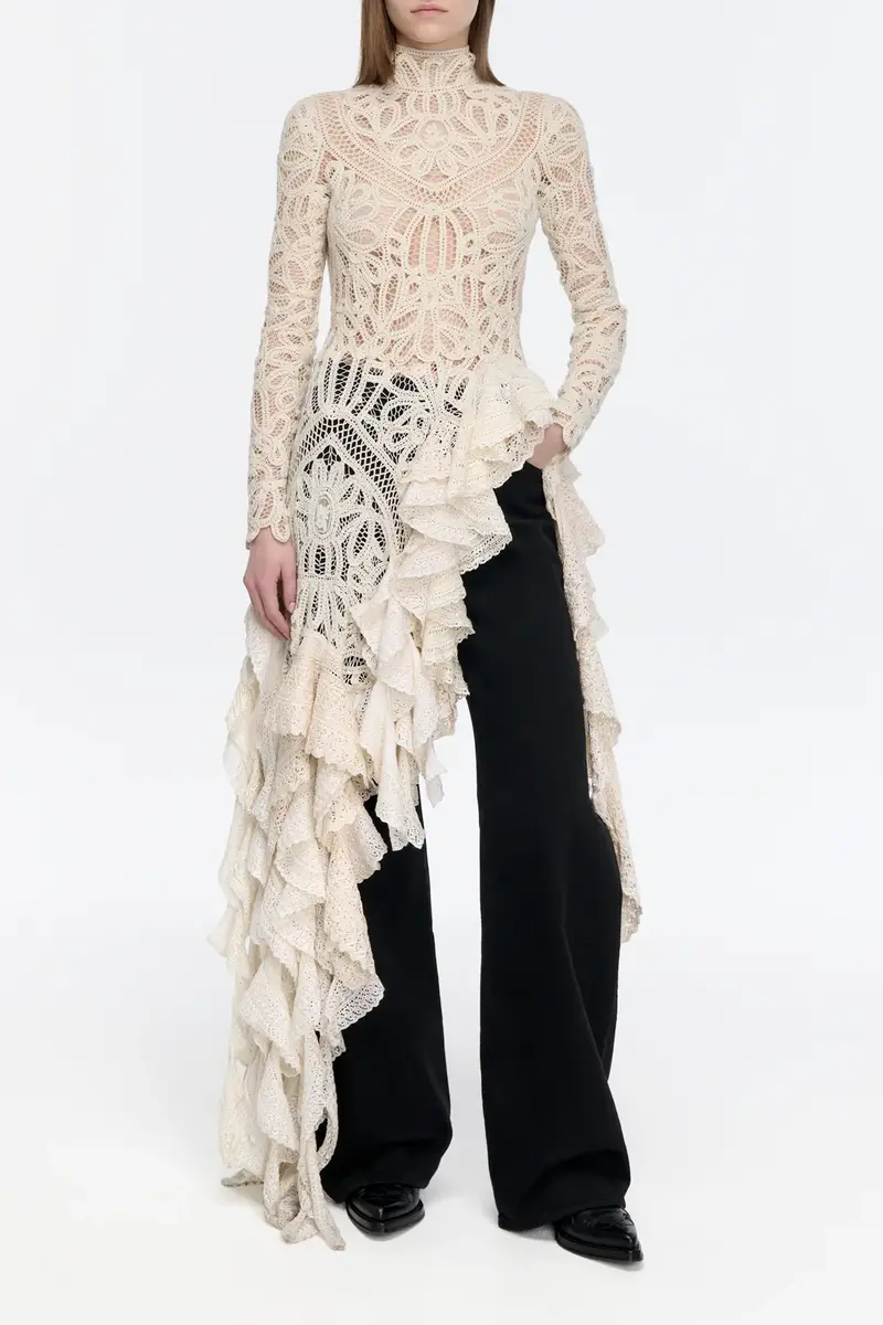 Gabriela Hearst Nimbus Crochet Lace Top in Ivory Cashmere with Custom Ruffles | Thumbnail 3 Gabriela Hearst Nimbus Crochet Lace Top in Ivory Cashmere with Custom Ruffles | Thumbnail 3