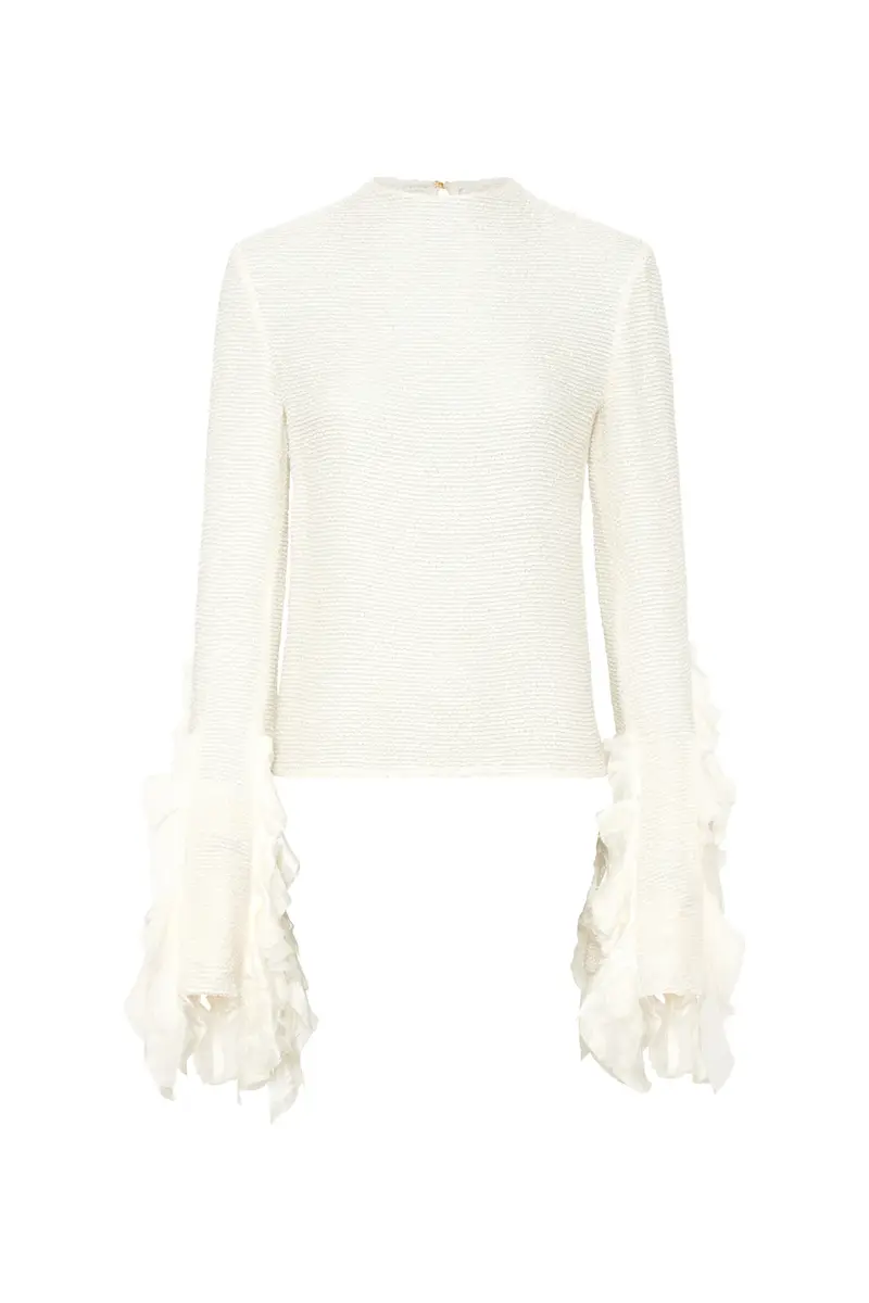 Fawcett Top in Ivory Silk Boucle with Custom Ruffles Fawcett Top in Ivory Silk Boucle with Custom Ruffles