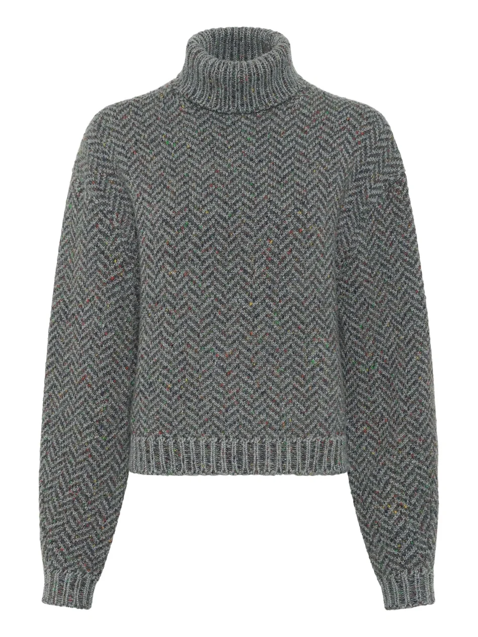 Gabriela Hearst Courtney Knit Turtleneck in Charcoal Multi Aran Cashmere Herringbone