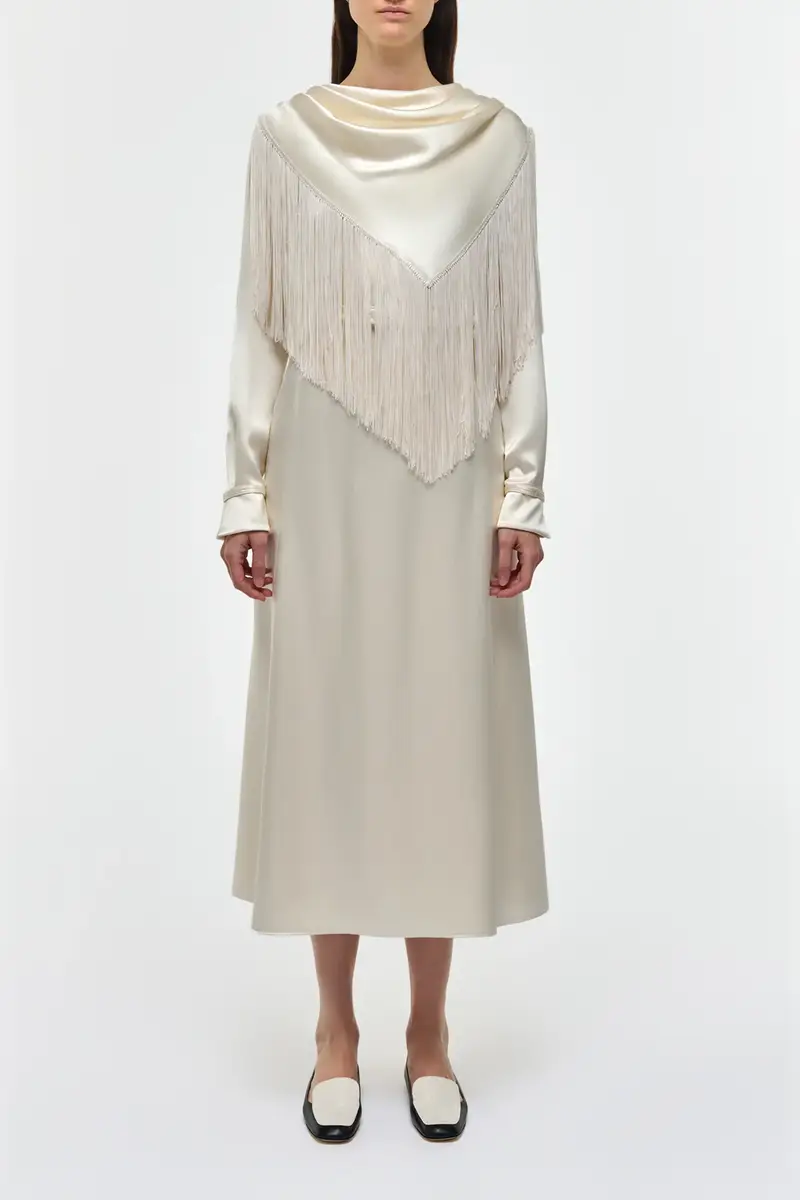 Gabriela Hearst Rouge Fringe Scarf Dress in Ivory Silk Satin | Thumbnail 2 Gabriela Hearst Rouge Fringe Scarf Dress in Ivory Silk Satin | Thumbnail 2