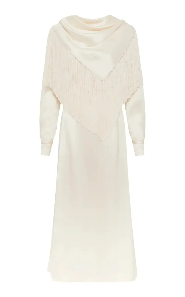 Rouge Fringe Scarf Dress in Ivory Silk Satin Rouge Fringe Scarf Dress in Ivory Silk Satin
