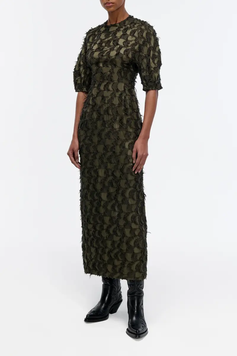 Gabriela Hearst Coretta Dress in Deep Olive Silk Wool Fil Coupé | Thumbnail 3 Gabriela Hearst Coretta Dress in Deep Olive Silk Wool Fil Coupé | Thumbnail 3