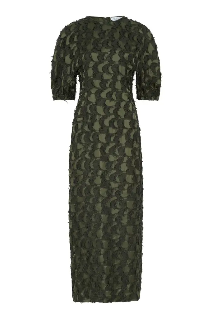 Coretta Dress in Deep Olive Silk Wool Fil Coupé