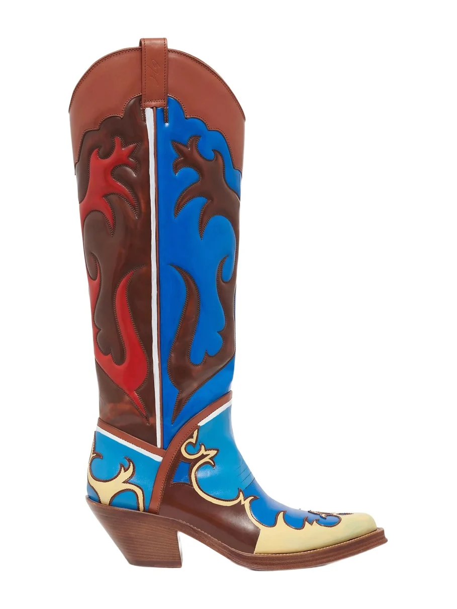 Gabriela Hearst Hand Painted Capitana Cowboy Boot in Red, Blue & Cognac Leather