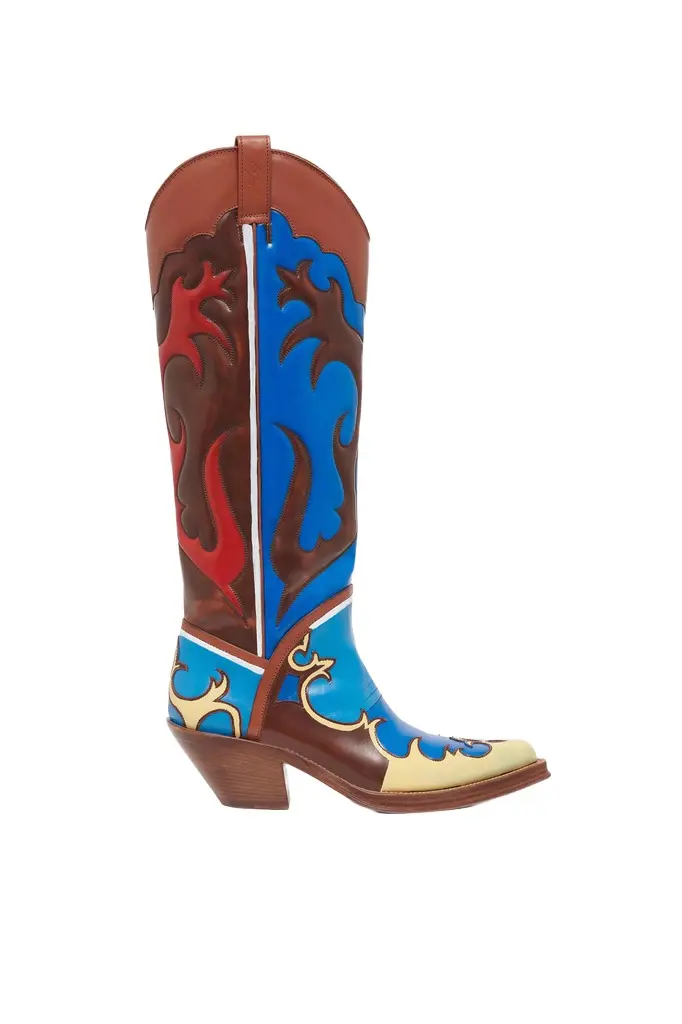Hand Painted Capitana Cowboy Boot in Red, Blue & Cognac Leather Hand Painted Capitana Cowboy Boot in Red, Blue & Cognac Leather