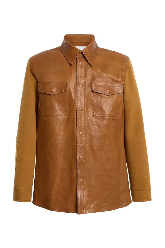Gabriela Hearst Lucas Overshirt in Cognac Vachetta Leather & Double-face Recycled Cashmere