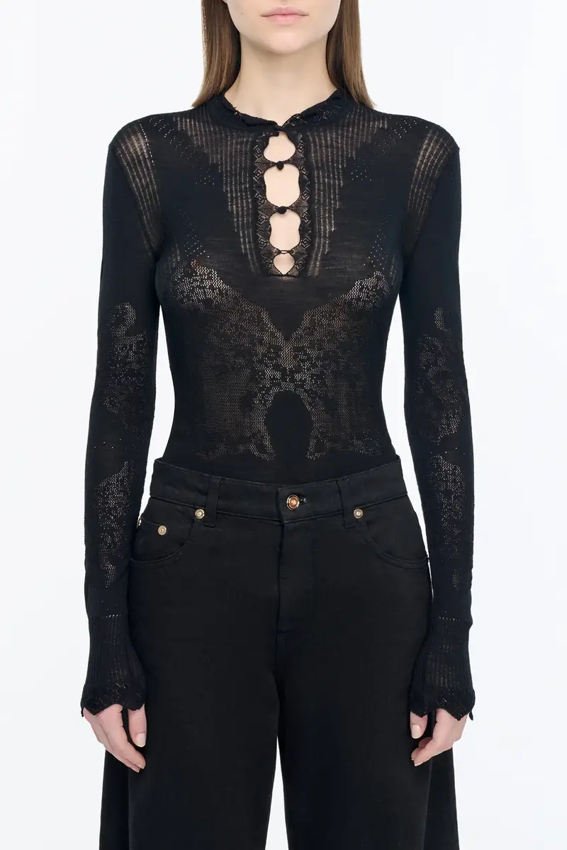 Gabriela Hearst Severn Pointelle Knit Lace Henley in Black Merino Wool | Thumbnail 2 Gabriela Hearst Severn Pointelle Knit Lace Henley in Black Merino Wool | Thumbnail 2