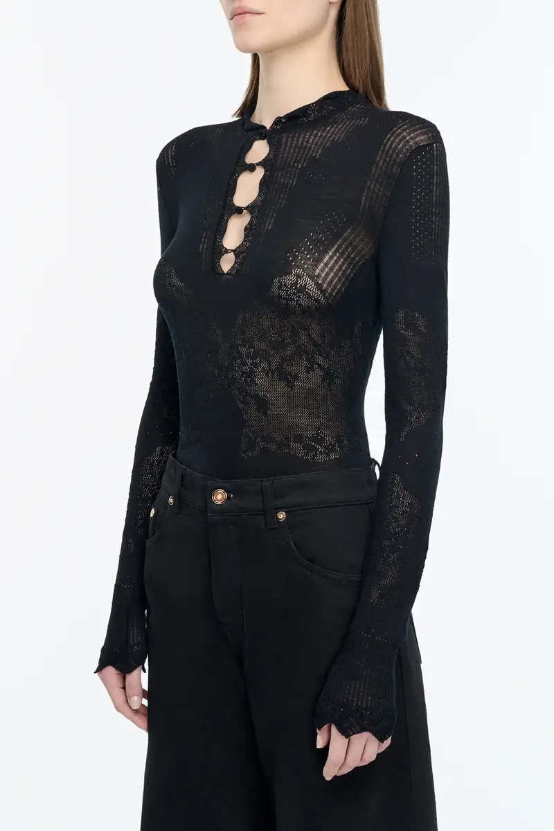 Gabriela Hearst Severn Pointelle Knit Lace Henley in Black Merino Wool | Thumbnail 3 Gabriela Hearst Severn Pointelle Knit Lace Henley in Black Merino Wool | Thumbnail 3