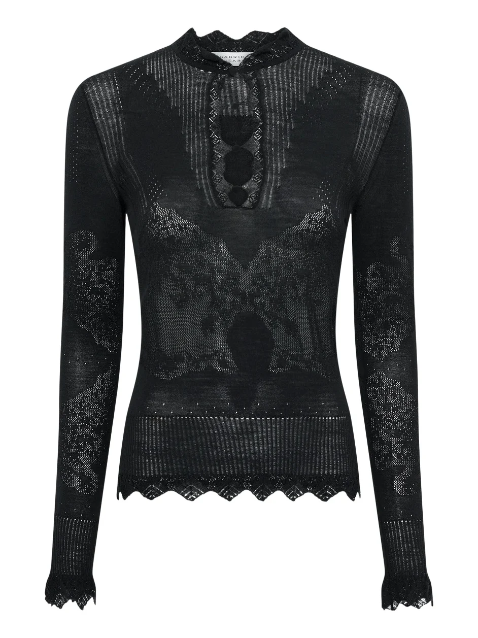 Severn Pointelle Knit Lace Henley in Black Merino Wool Severn Pointelle Knit Lace Henley in Black Merino Wool