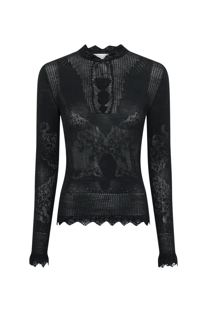 Severn Pointelle Knit Lace Henley in Black Merino Wool Severn Pointelle Knit Lace Henley in Black Merino Wool