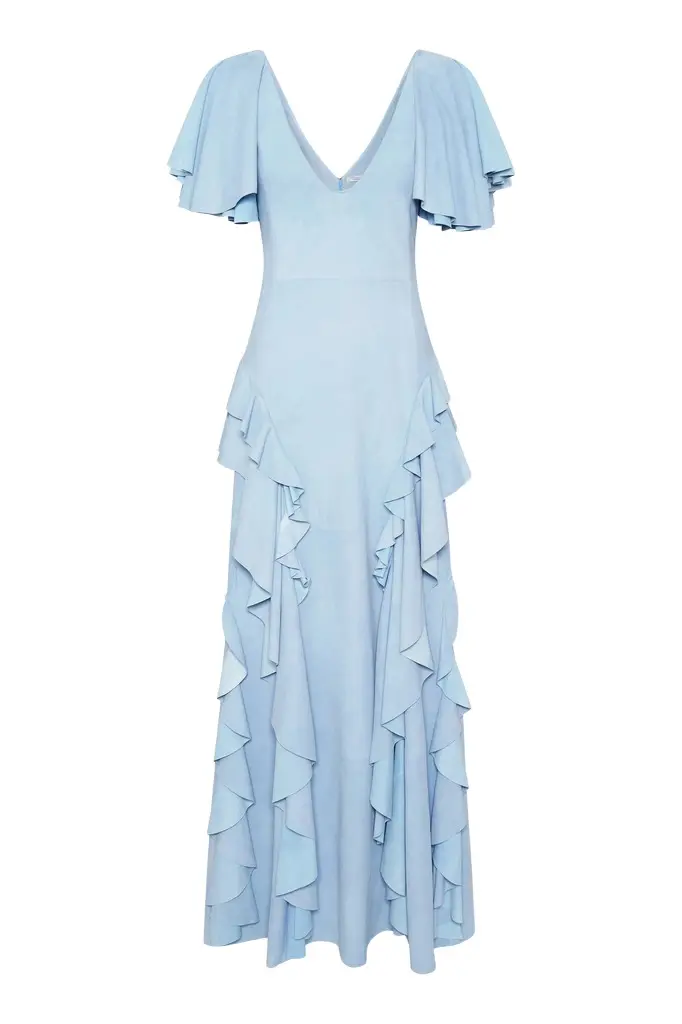 Spiral Ruffles Dress in Light Blue Suede Spiral Ruffles Dress in Light Blue Suede