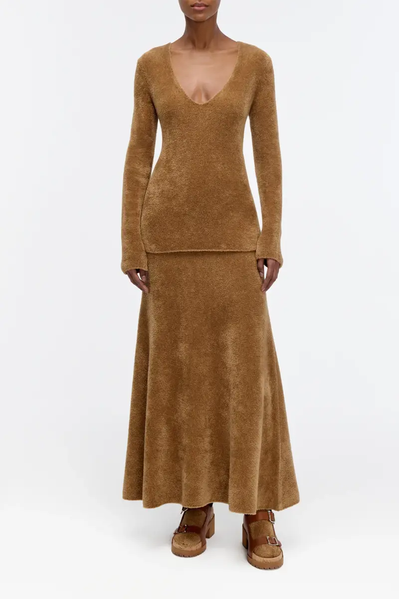 Gabriela Hearst Ward Knit V-Neck Sweater in Mid Camel Silk | Thumbnail 2 Gabriela Hearst Ward Knit V-Neck Sweater in Mid Camel Silk | Thumbnail 2