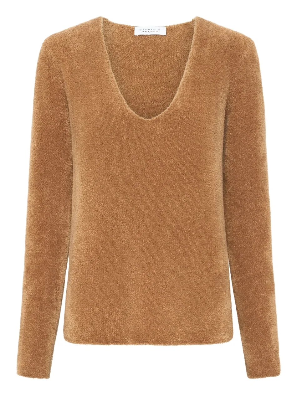 Ward Knit V-Neck Sweater in Mid Camel Silk