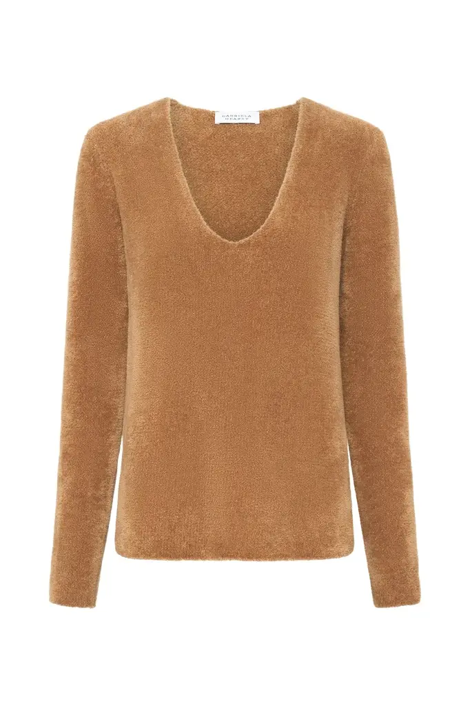 Ward Knit V-Neck Sweater in Mid Camel Silk Ward Knit V-Neck Sweater in Mid Camel Silk
