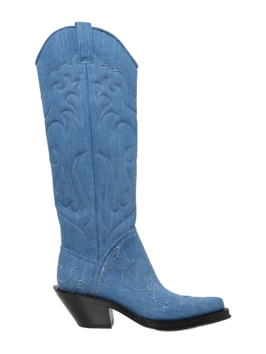 Gabriela Hearst Capitana Cowboy Boot in Light Blue Recycled Cotton Linen Denim