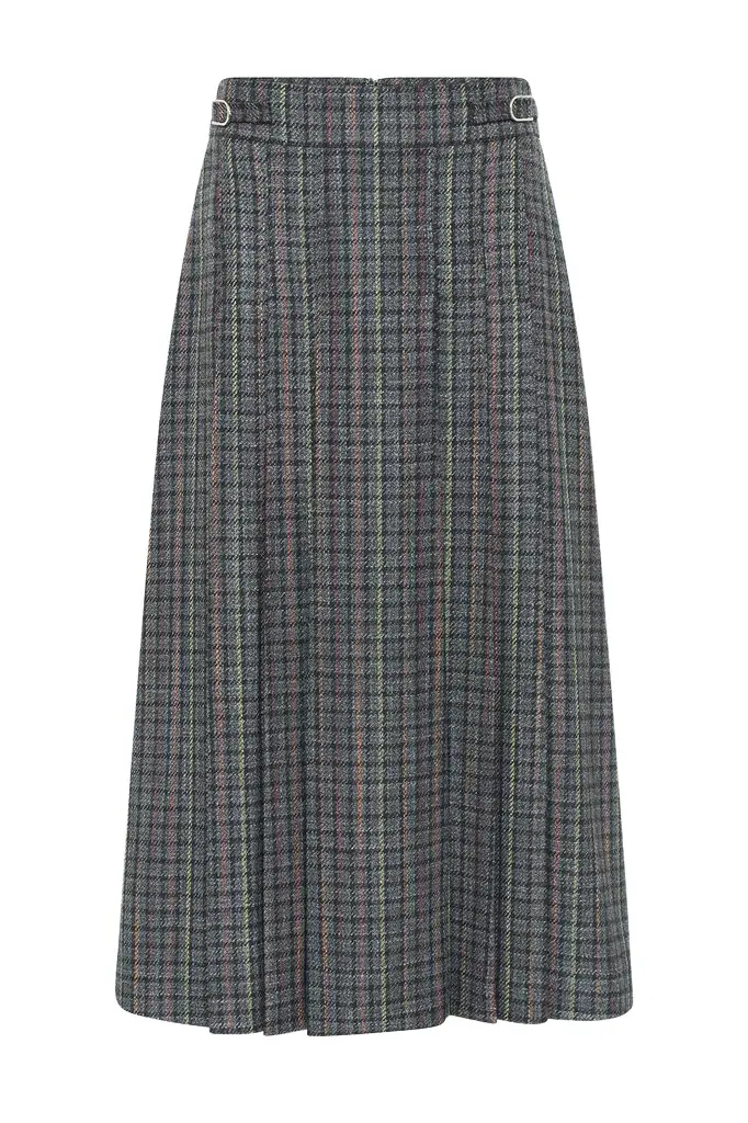 Wesley Pleated Skirt in Charcoal Multi Wool Silk Houndstooth
