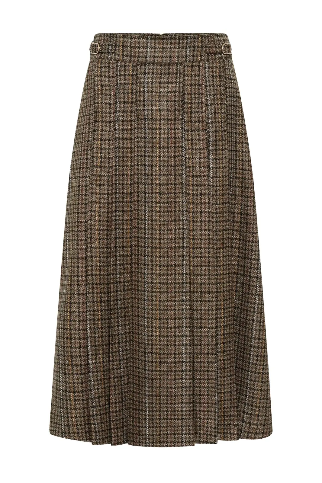 Wesley Pleated Skirt in Camel Multi Wool Silk Houndstooth Wesley Pleated Skirt in Camel Multi Wool Silk Houndstooth