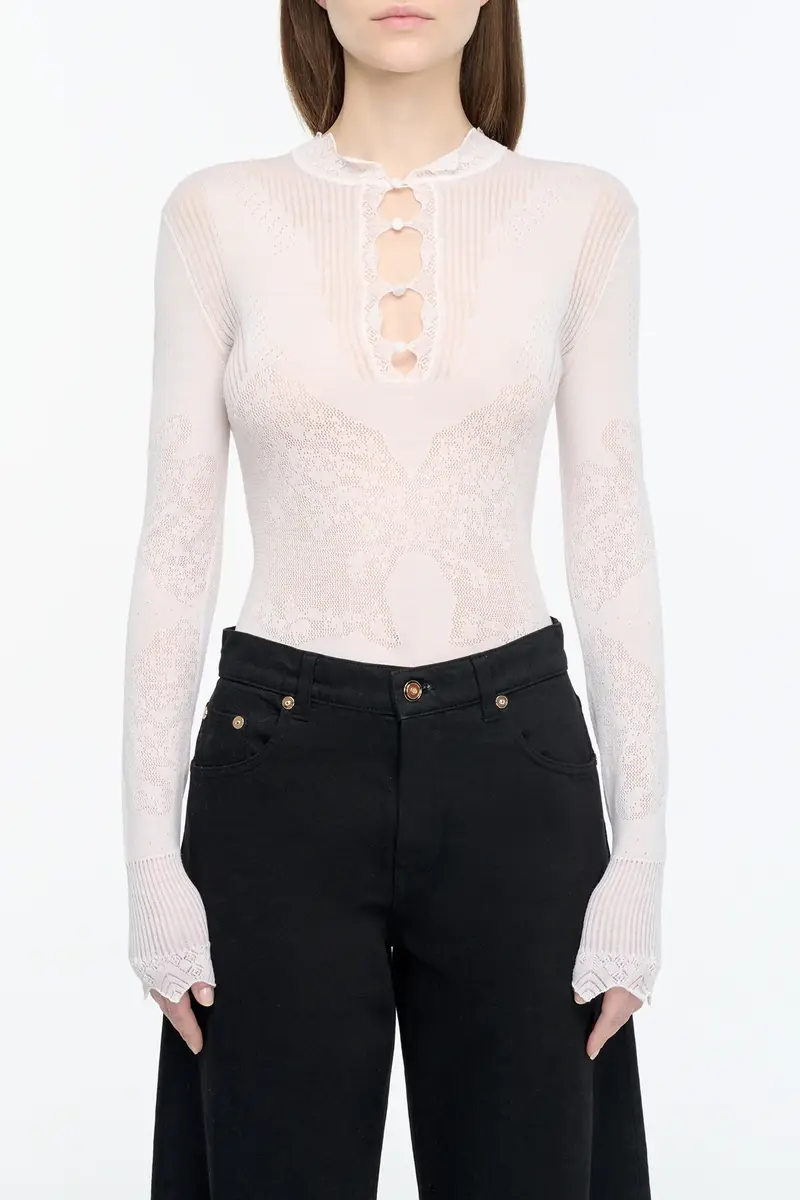 Gabriela Hearst Severn Pointelle Knit Lace Henley in White Merino Wool | Thumbnail 2 Gabriela Hearst Severn Pointelle Knit Lace Henley in White Merino Wool | Thumbnail 2