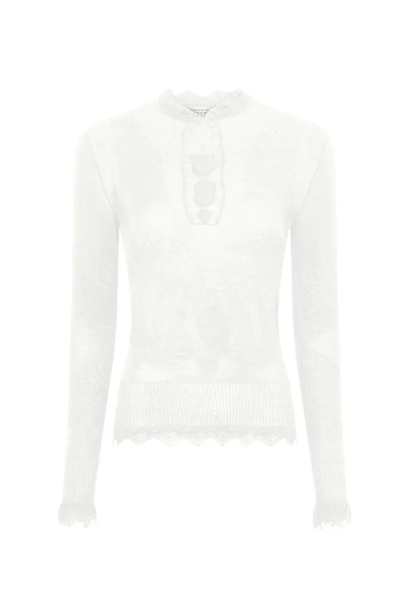 Severn Pointelle Knit Lace Henley in White Merino Wool Severn Pointelle Knit Lace Henley in White Merino Wool