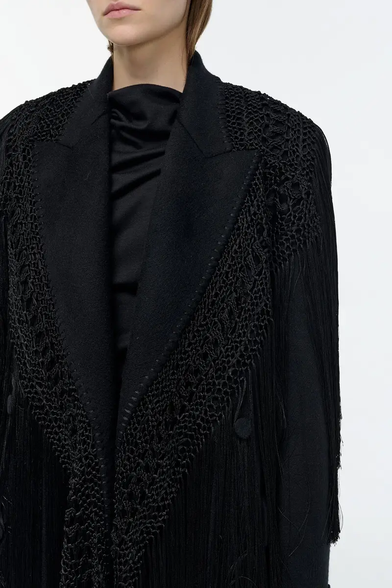 Gabriela Hearst Mcaffrey Fringe Coat in Black Double-face Recycled Cashmere with Silk Macrame | Thumbnail 6 Gabriela Hearst Mcaffrey Fringe Coat in Black Double-face Recycled Cashmere with Silk Macrame | Thumbnail 6