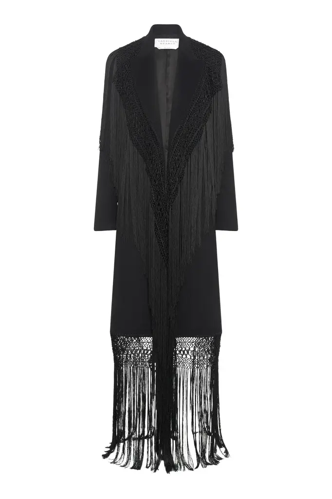 Mcaffrey Fringe Coat in Black Double-face Recycled Cashmere with Silk Macrame Mcaffrey Fringe Coat in Black Double-face Recycled Cashmere with Silk Macrame
