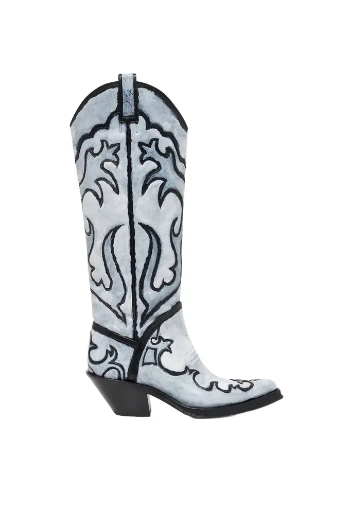 Hand Painted Capitana Cowboy Boot in Grey Leather Hand Painted Capitana Cowboy Boot in Grey Leather