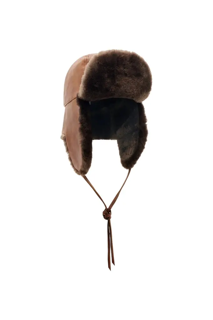 Gabriela Hearst Karina Hat in Cognac Vachetta Leather & Brown Recycled Fur