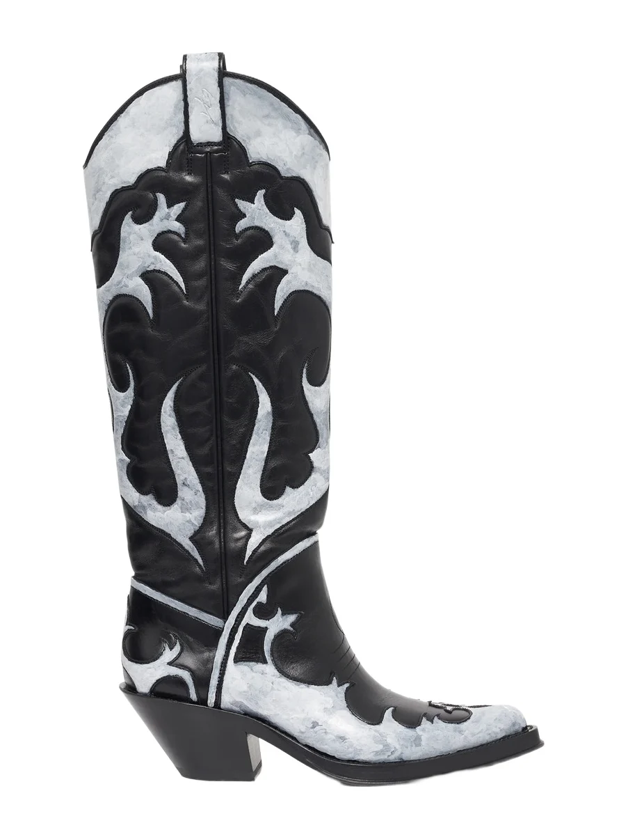 Gabriela Hearst Hand Painted Capitana Cowboy Boot in Black & Grey Leather