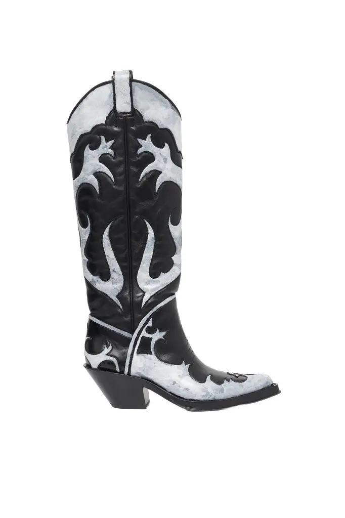 Hand Painted Capitana Cowboy Boot in Black & Grey Leather