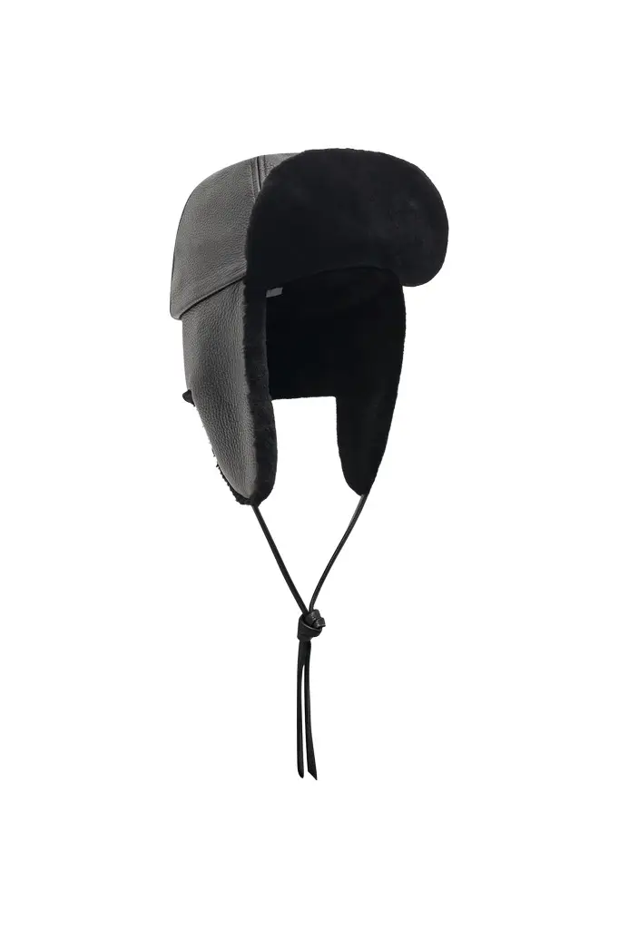 Karina Hat in Black Textured Leather & Recycled Fur