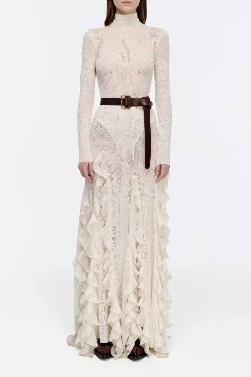 Gabriela Hearst Garnet Pointelle Knit Lace Skirt in Ivory Silk Merino Wool with Custom Ruffles | Thumbnail 3 Gabriela Hearst Garnet Pointelle Knit Lace Skirt in Ivory Silk Merino Wool with Custom Ruffles | Thumbnail 3