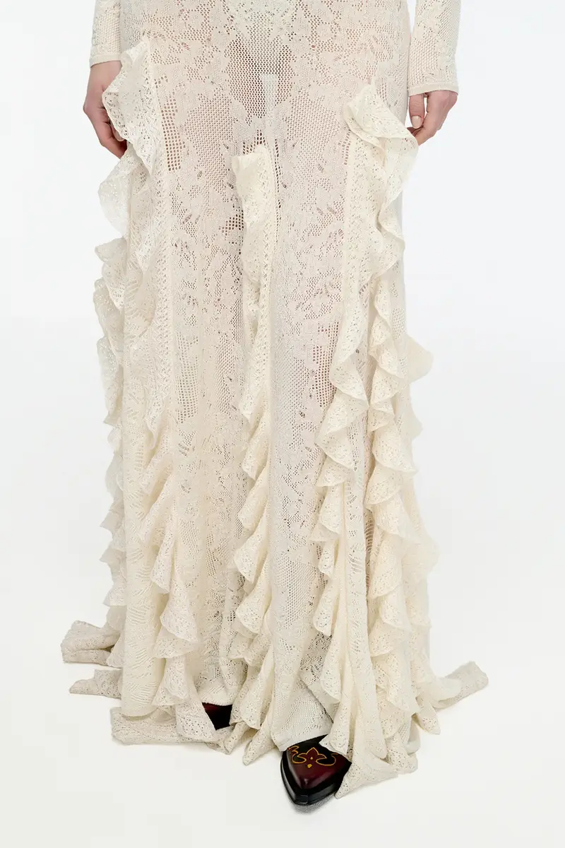Gabriela Hearst Garnet Pointelle Knit Lace Skirt in Ivory Silk Merino Wool with Custom Ruffles | Thumbnail 7 Gabriela Hearst Garnet Pointelle Knit Lace Skirt in Ivory Silk Merino Wool with Custom Ruffles | Thumbnail 7